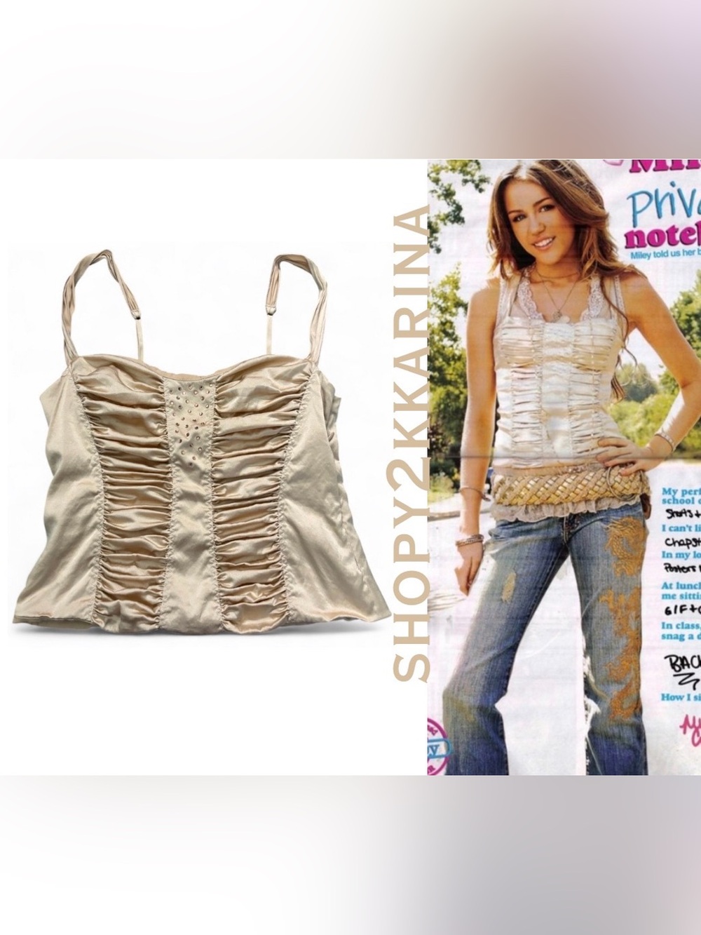 ASO Miley Cyrus Beige Silk Ruched Rhinestone Embellished Top 2008 Twist Magazine